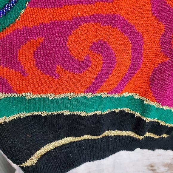 Vintage Colorful Sweater Womens Medium Bright Pink Knit Beaded Glam Rock 90s - Picture 7 of 12